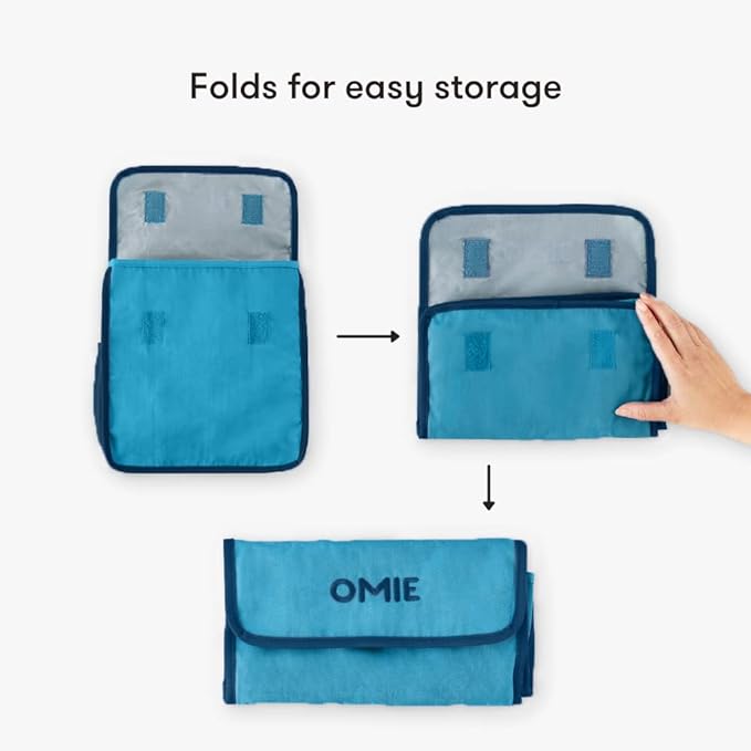 OmieBox Lunch Bag - Washable, Foldable, Durable, Water Resistant Fabric with Interior Pocket and External Bottle Holder. - Blue