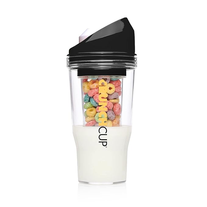 The CrunchCup® Xl  - Portable Plastic Cereal Cups for Breakfast On the Go, To Go Cereal and Milk Container for your favorite Breakfast Cereals, No Spoon or Bowl Required - Black