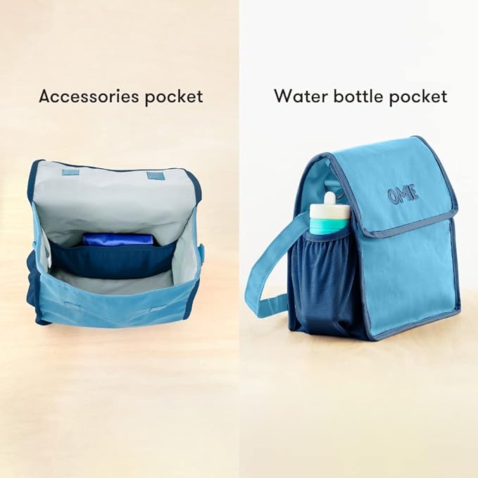 OmieBox Lunch Bag - Washable, Foldable, Durable, Water Resistant Fabric with Interior Pocket and External Bottle Holder. - Blue