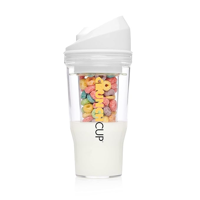 The CrunchCup® Xl  - Portable Plastic Cereal Cups for Breakfast On the Go, To Go Cereal and Milk Container for your favorite Breakfast Cereals, No Spoon or Bowl Required - White