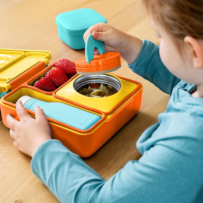 OmieBox Bento Box for Kids - Insulated Lunch Box with Leak Proof Thermos Food Jar - 3 Compartments, 2 Temperature Zones (Sunshine)