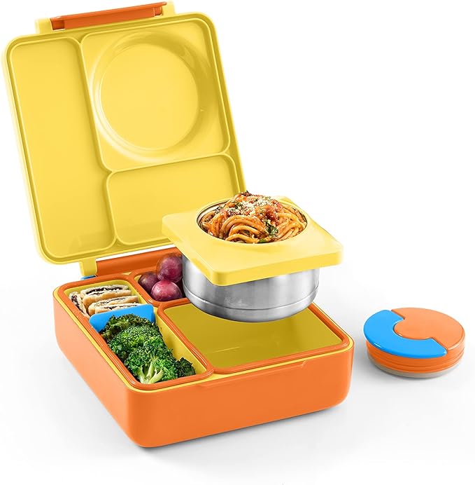 OmieBox Bento Box for Kids - Insulated Lunch Box with Leak Proof Thermos Food Jar - 3 Compartments, 2 Temperature Zones (Sunshine)