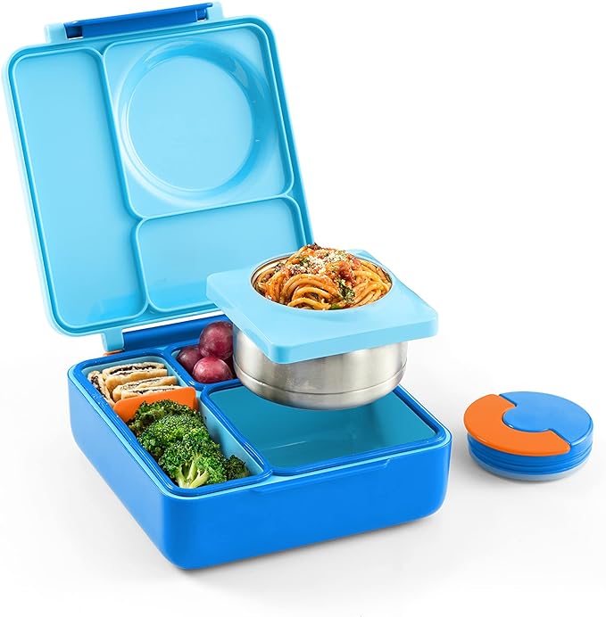 OmieBox Bento Box for Kids - Insulated Lunch Box with Leak Proof Thermos Food Jar - 3 Compartments, 2 Temperature Zones (Blue Sky)