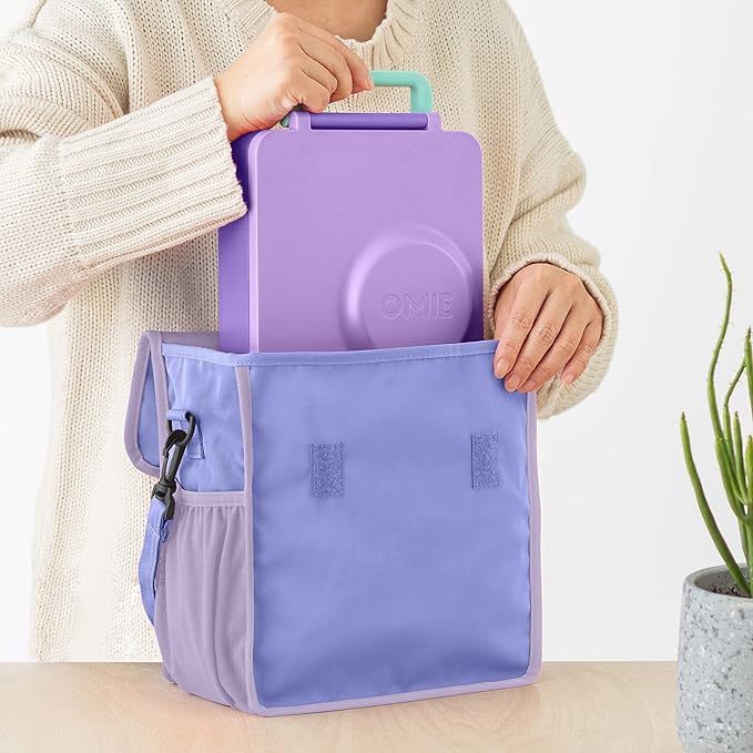 OmieBox Lunch Bag - Washable, Foldable, Durable, Water Resistant Fabric with Interior Pocket and External Bottle Holder. - Purple