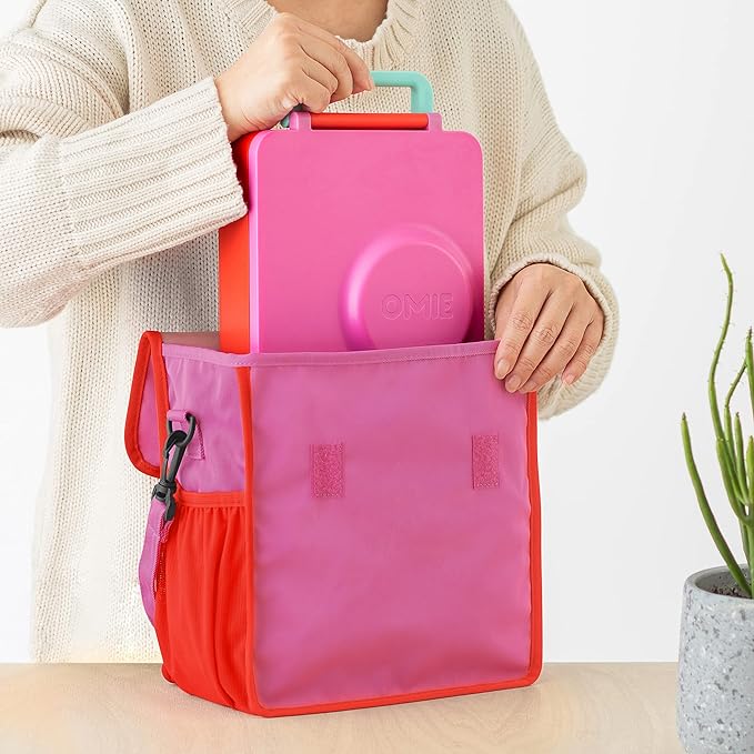 OmieBox Lunch Bag - Washable, Foldable, Durable, Water Resistant Fabric with Interior Pocket and External Bottle Holder. - Pink