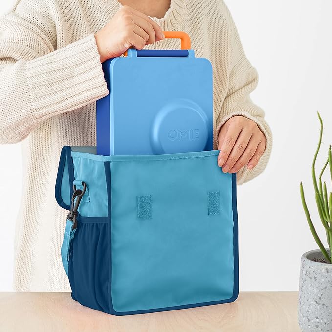 OmieBox Lunch Bag - Washable, Foldable, Durable, Water Resistant Fabric with Interior Pocket and External Bottle Holder. - Blue