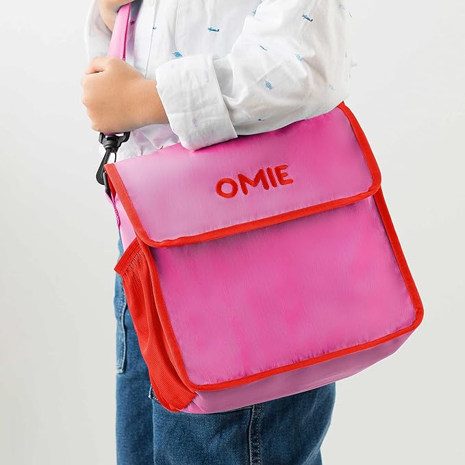 OmieBox Lunch Bag - Washable, Foldable, Durable, Water Resistant Fabric with Interior Pocket and External Bottle Holder. - Pink