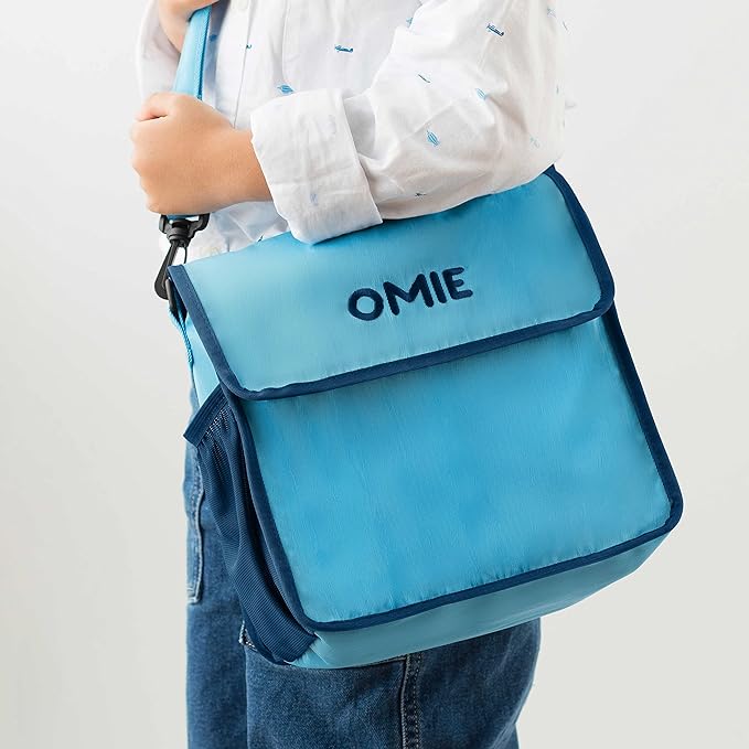 OmieBox Lunch Bag - Washable, Foldable, Durable, Water Resistant Fabric with Interior Pocket and External Bottle Holder. - Blue