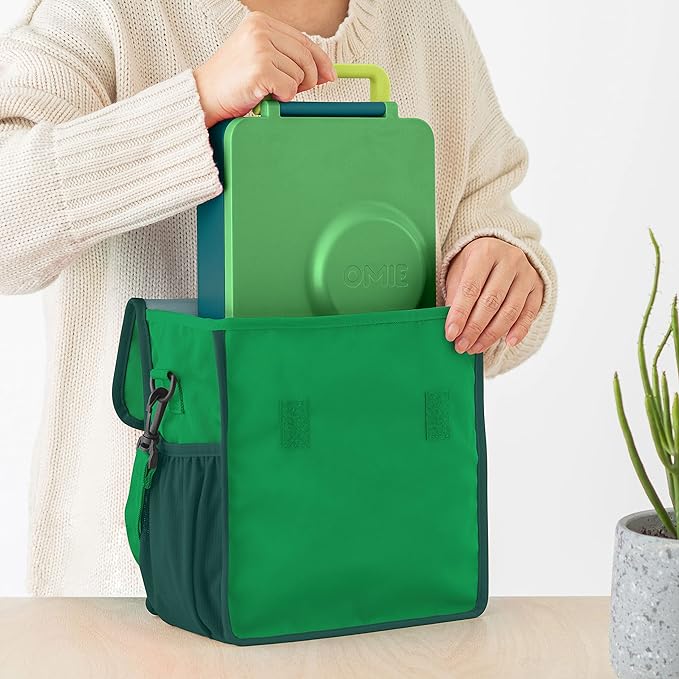 OmieBox Lunch Bag - Washable, Foldable, Durable, Water Resistant Fabric with Interior Pocket and External Bottle Holder. - Green