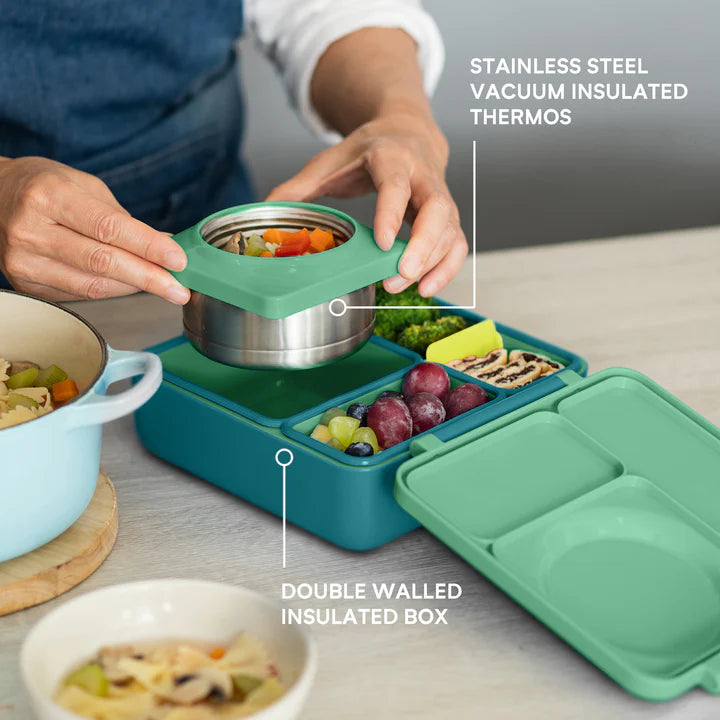 OmieBox Bento Box for Kids - Insulated Lunch Box with Leak Proof Thermos Food Jar - 3 Compartments, 2 Temperature Zones (Meadow)