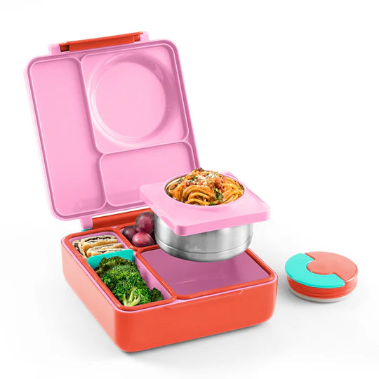 OmieBox Bento Box for Kids - Insulated Lunch Box with Leak Proof Thermos Food Jar - 3 Compartments, 2 Temperature Zones (Pink Berry)