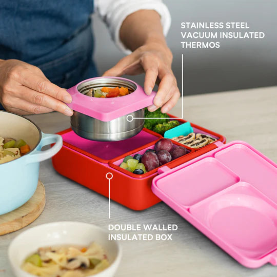 OmieBox Bento Box for Kids - Insulated Lunch Box with Leak Proof Thermos Food Jar - 3 Compartments, 2 Temperature Zones (Pink Berry)